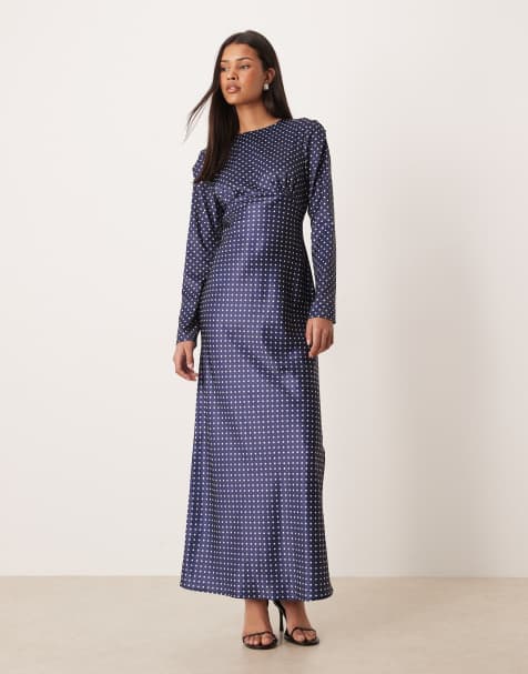 ASOS DESIGN bias cut bust detail satin maxi dress in navy polka dots - view 1
