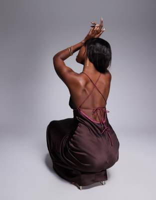 Asos Design Bias Cut Cami Maxi Dress With Contrast Tie Detail In Brown