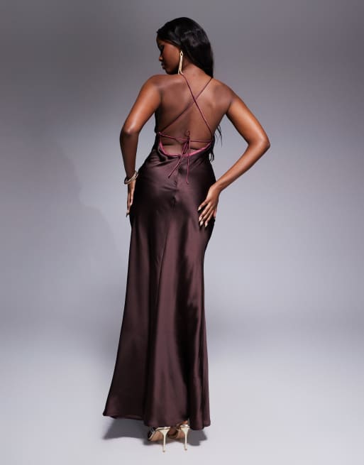 ASOS DESIGN bias cut cami maxi dress with contrast tie detail in mocha brown  | ASOS