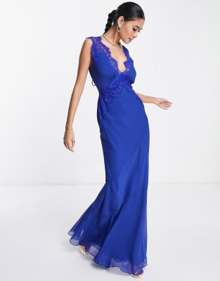 ASOS DESIGN bias cut chiffon maxi dress with applique lace-Blues