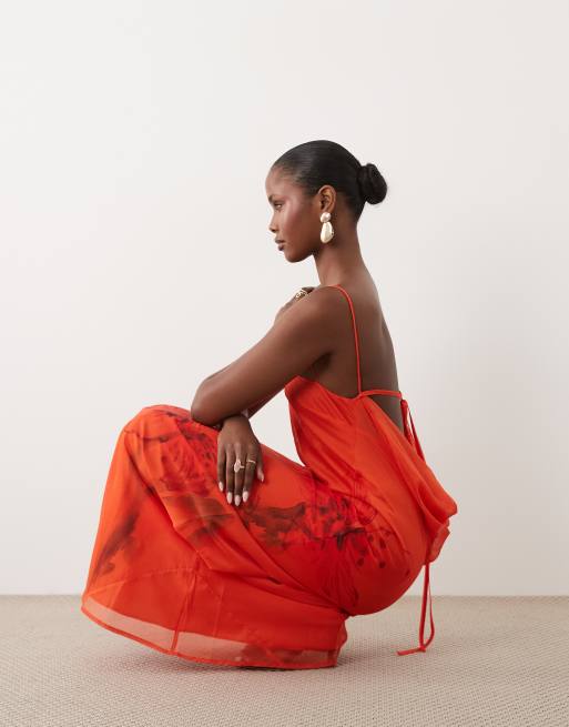 ASOS DESIGN bias cut column cowl back dress with contrast binding in orange placement print, 2 of 4