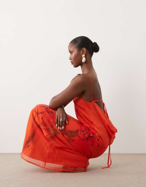 ASOS DESIGN bias cut column cowl back midi dress with contrast binding in orange placement print - view 1