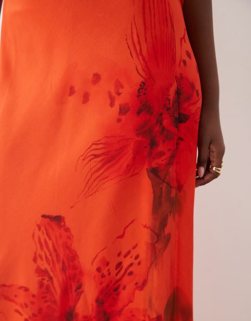 ASOS DESIGN bias cut column cowl back midi dress with contrast binding in orange placement print, 3 of 4