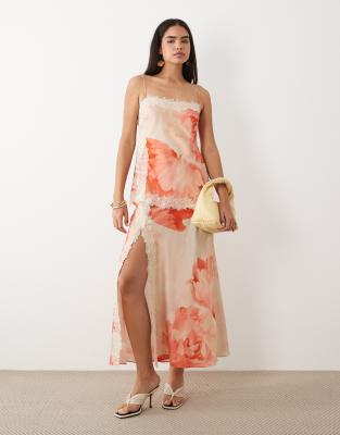 Asos Design Bias Cut Double Layer Lace Appliqué Satin Cami Maxi Dress In Orange