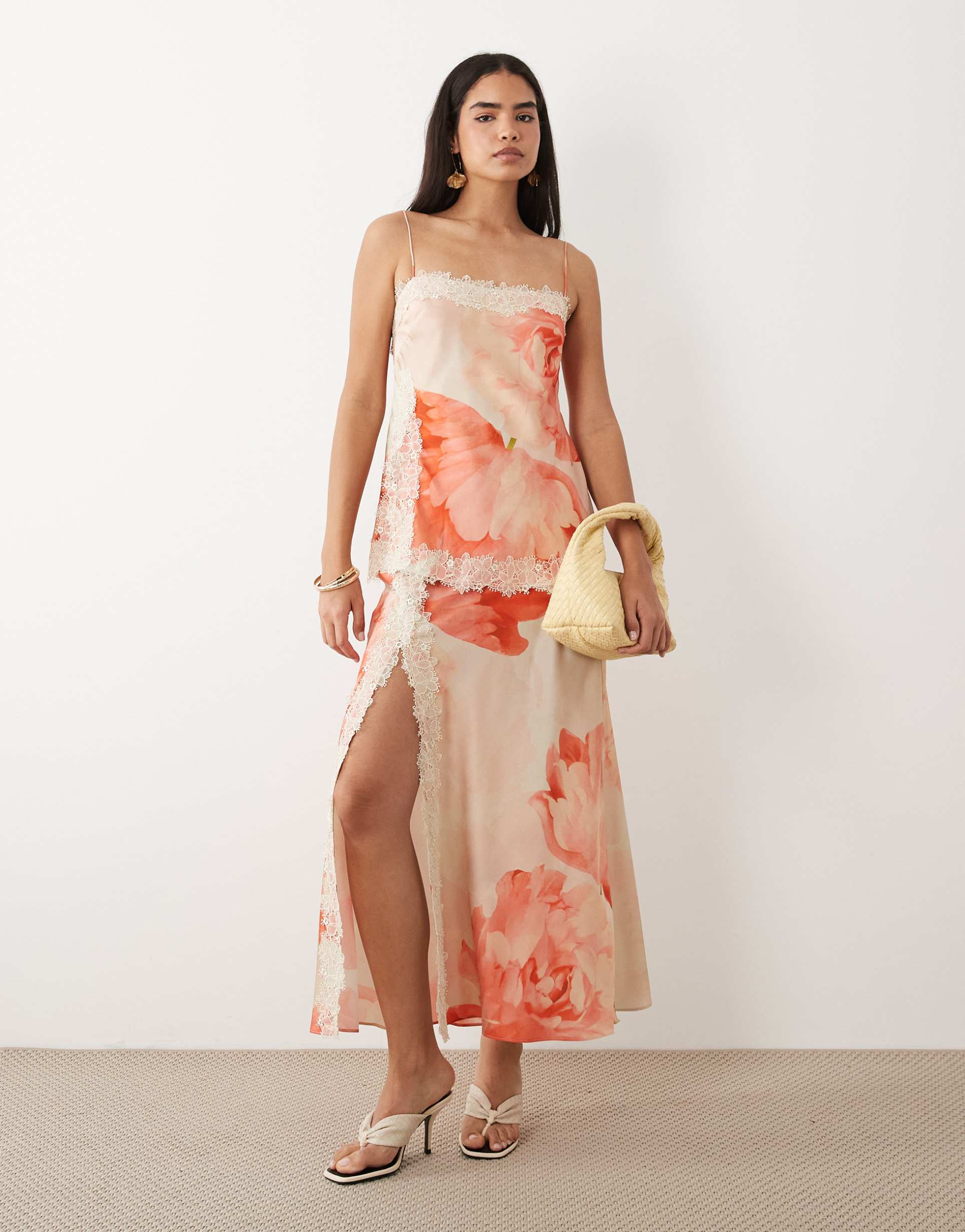 asos design bias cut double layer lace appliqué satin cami maxi dress in orange oversized floral print