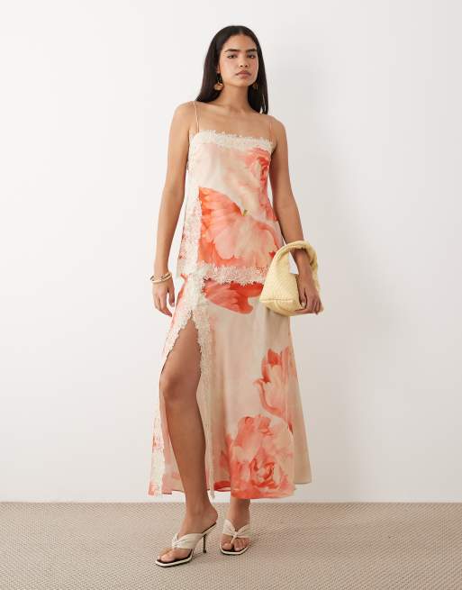 ASOS DESIGN bias cut double layer lace appliqué satin cami maxi dress in orange oversized floral print