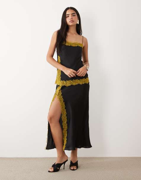 ASOS DESIGN bias cut double layer lace appliqué satin maxi dress in black - view 1