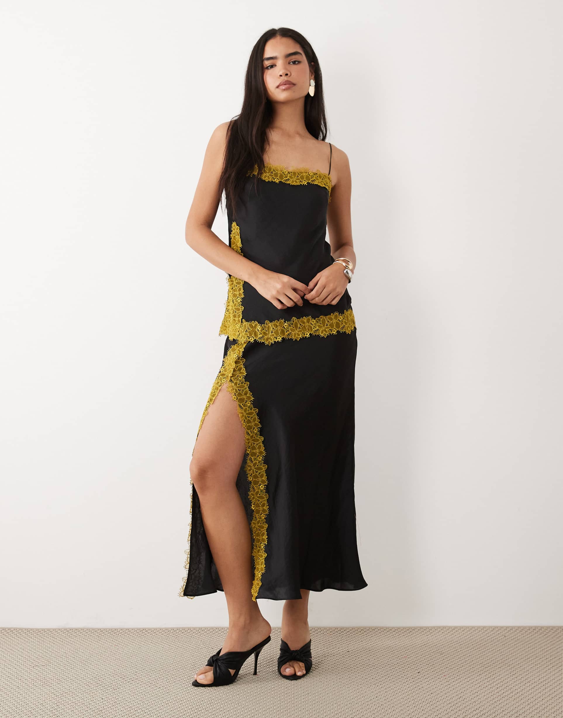 asos design bias cut double layer lace appliqué satin maxi dress in black