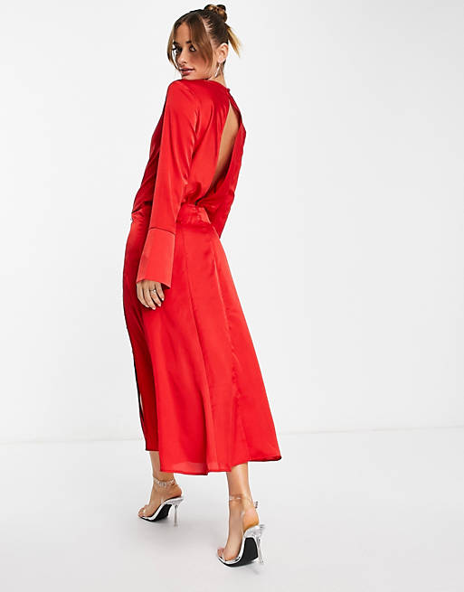 Dresses bias cut drape midi dress with button detail in red 