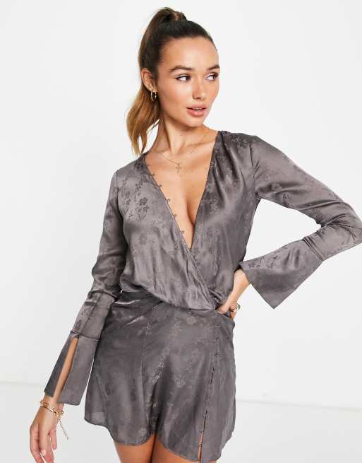 ASOS DESIGN bias cut drape mini dress with button detail in floral jacquard