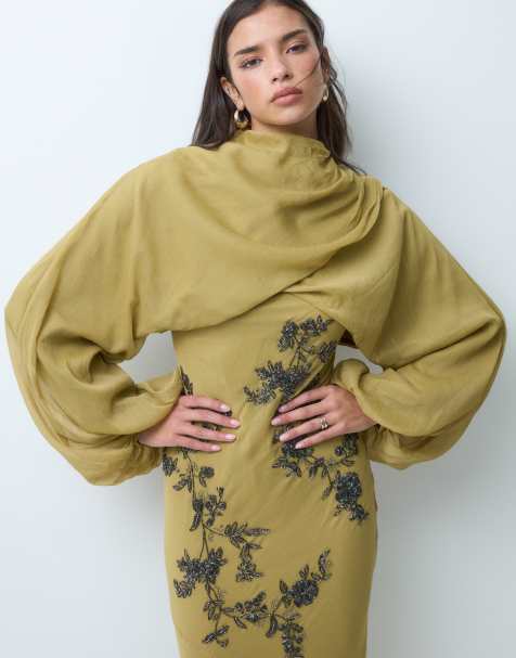 ASOS DESIGN bias cut embellished maxi dress with blouson full sleeves in olive green