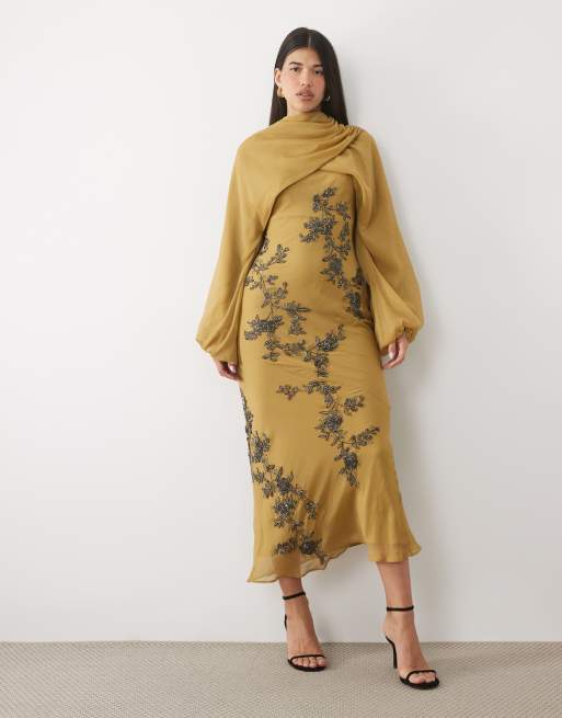 ASOS DESIGN bias cut embellished maxi dress with blouson full sleeves in olive green, 2 of 4