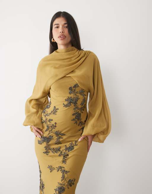 ASOS DESIGN bias cut embellished maxi dress with blouson full sleeves in olive green, 3 of 4