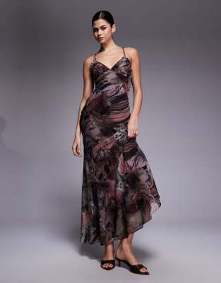 Asos Design Bias Cut Fishtail Dress With Micro Double Layer Bust In Multi