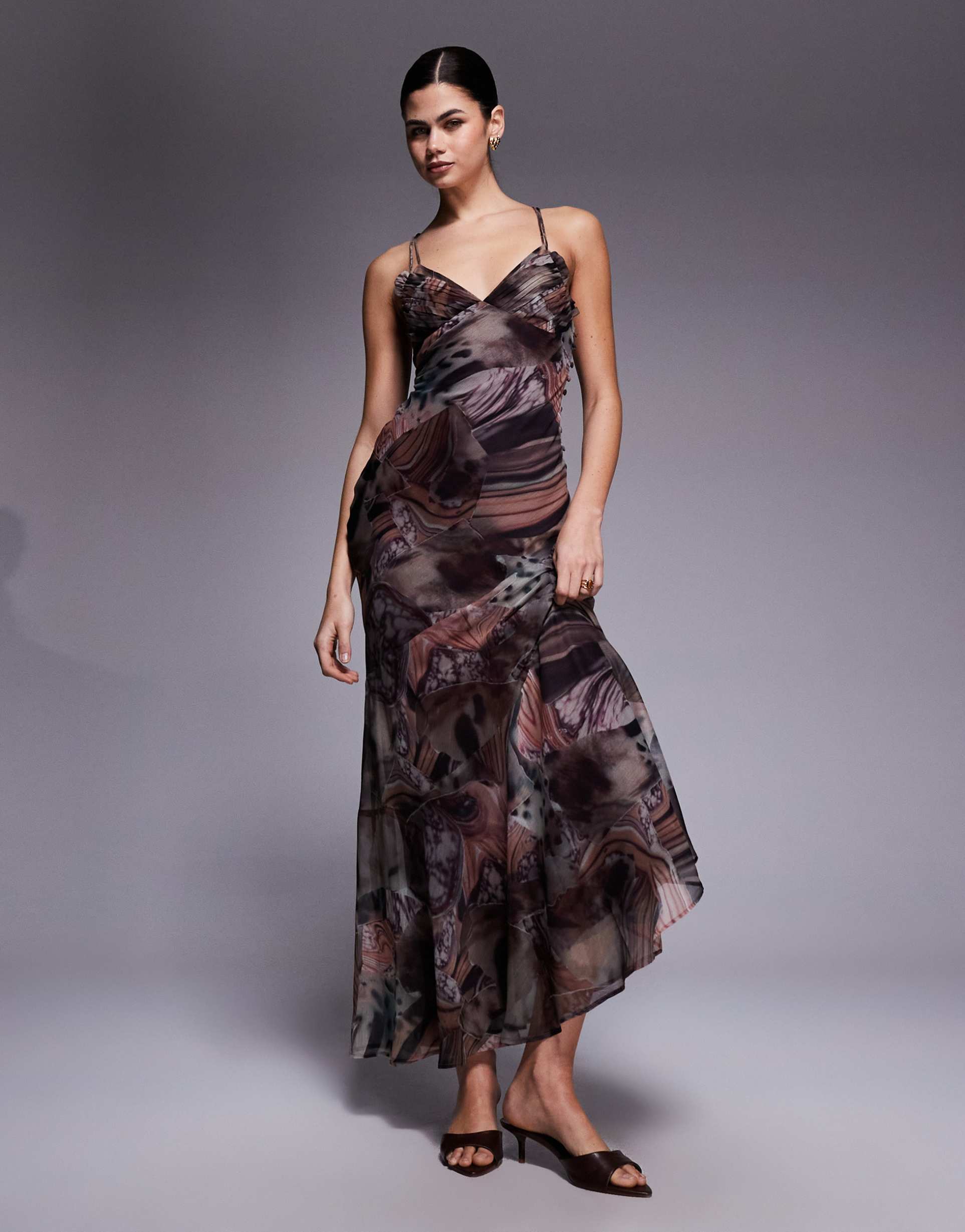 asos design bias cut fishtail dress with micro double layer bust in abstract