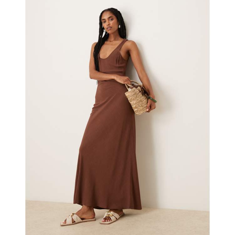 ASOS DESIGN bias cut linen look maxi slip dress in chocolate