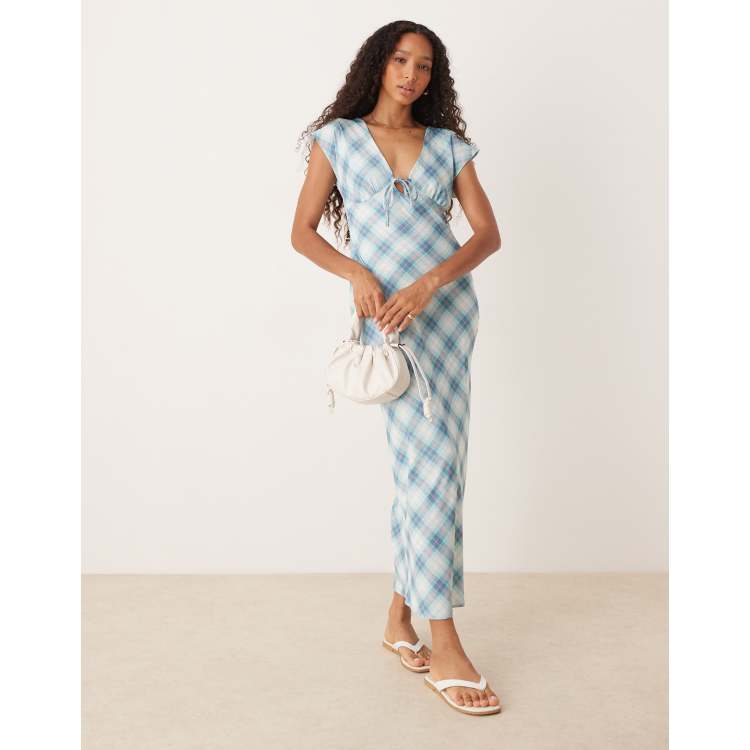 ASOS Design bias cut maxi dress in blue plaid-Multi