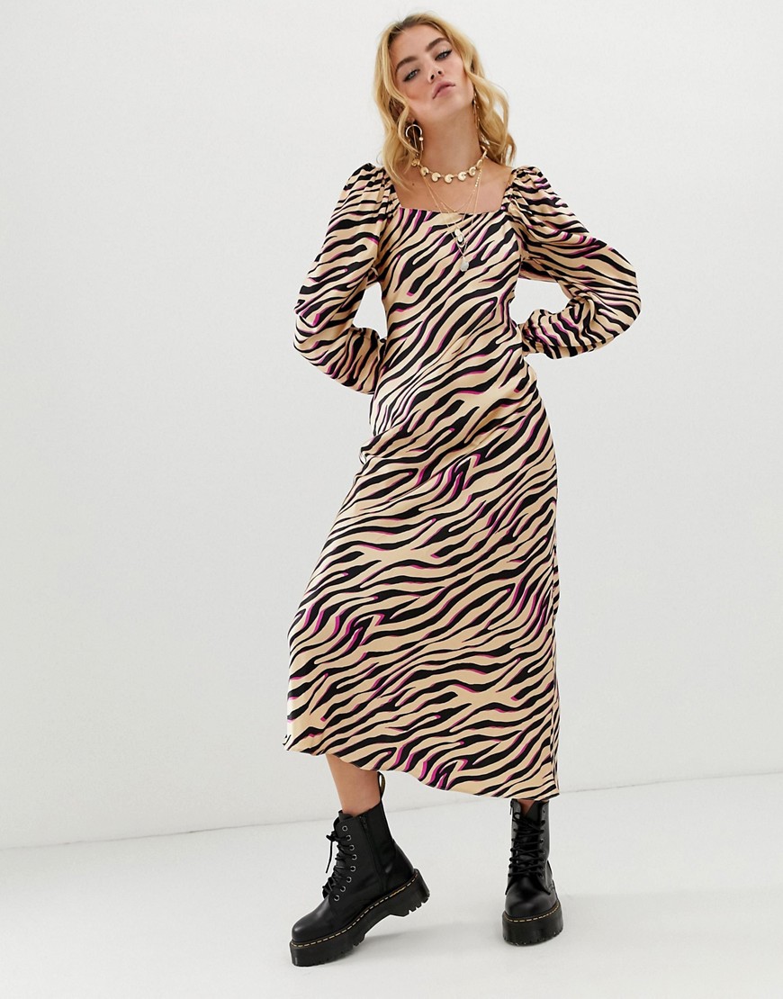 ASOS DESIGN bias cut maxi dress in zebra print with long sleeves-Multi