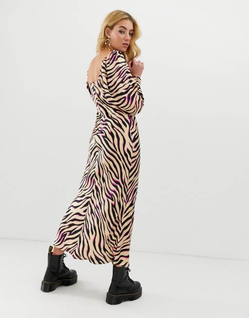 ASOS DESIGN bias cut maxi dress in zebra print with long sleeves