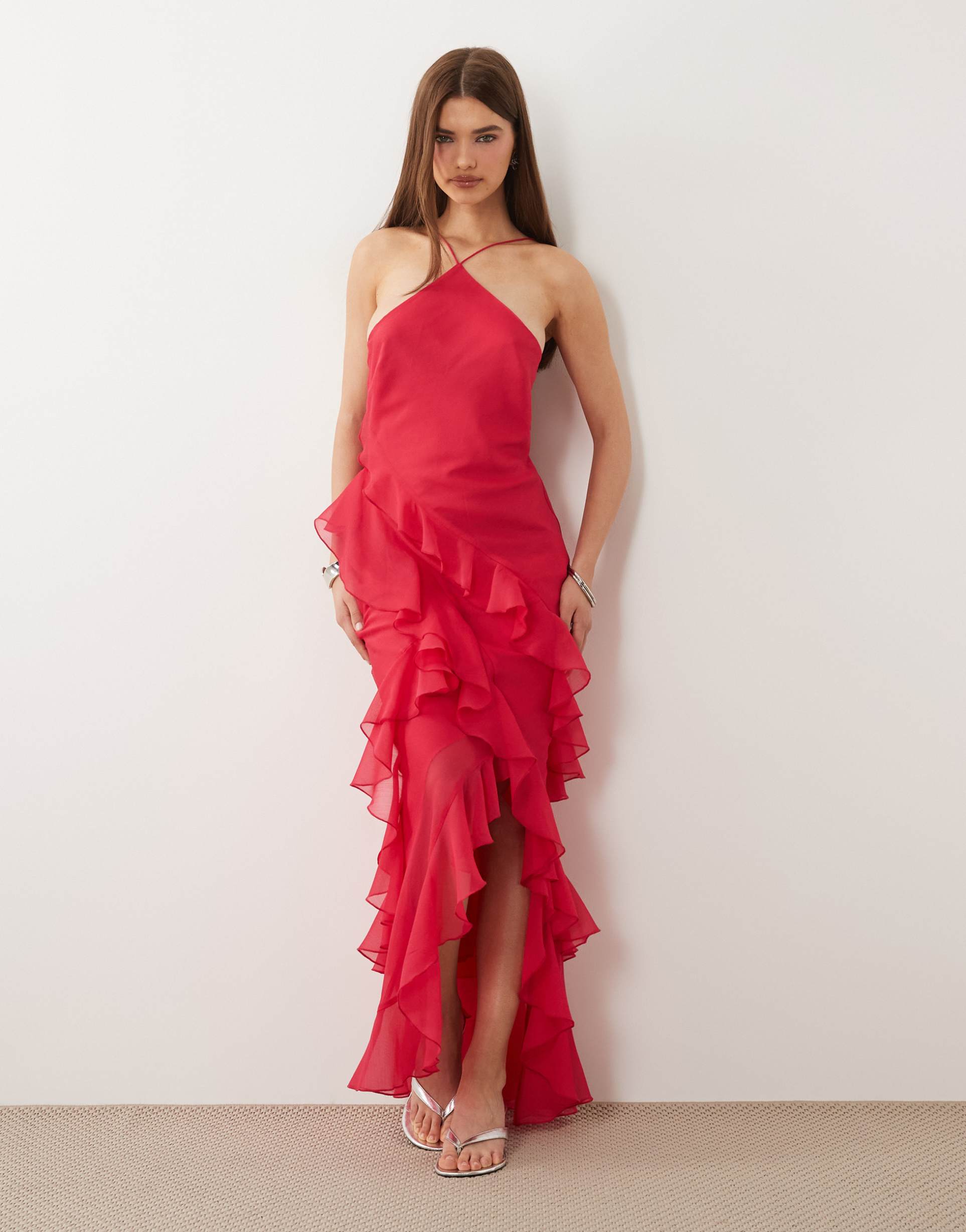 asos design bias cut maxi dress with full hem cut ruffles and high-low hem in pink
