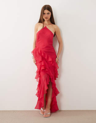 ASOS DESIGN bias cut maxi dress with full hem cut ruffles and high-low hem pink
