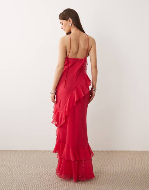  ASOS DESIGN bias cut maxi dress with full hem cut ruffles and high-low hem pink, 4 of 4