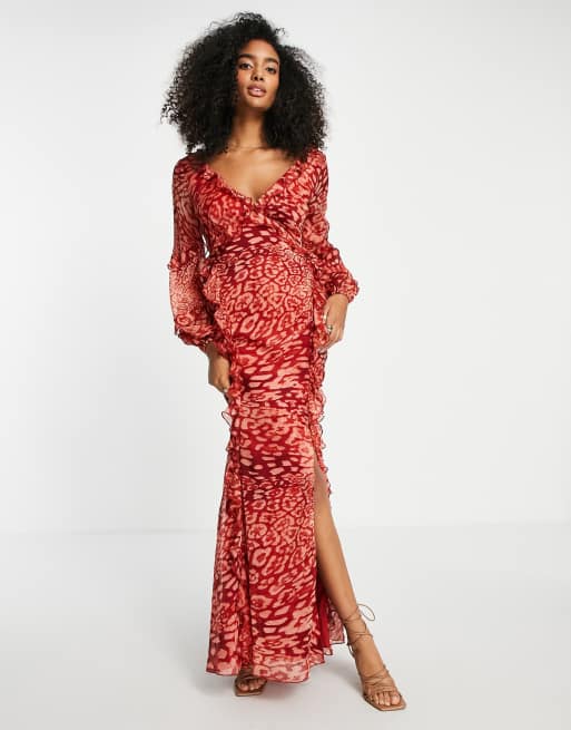 Red animal store print maxi dress