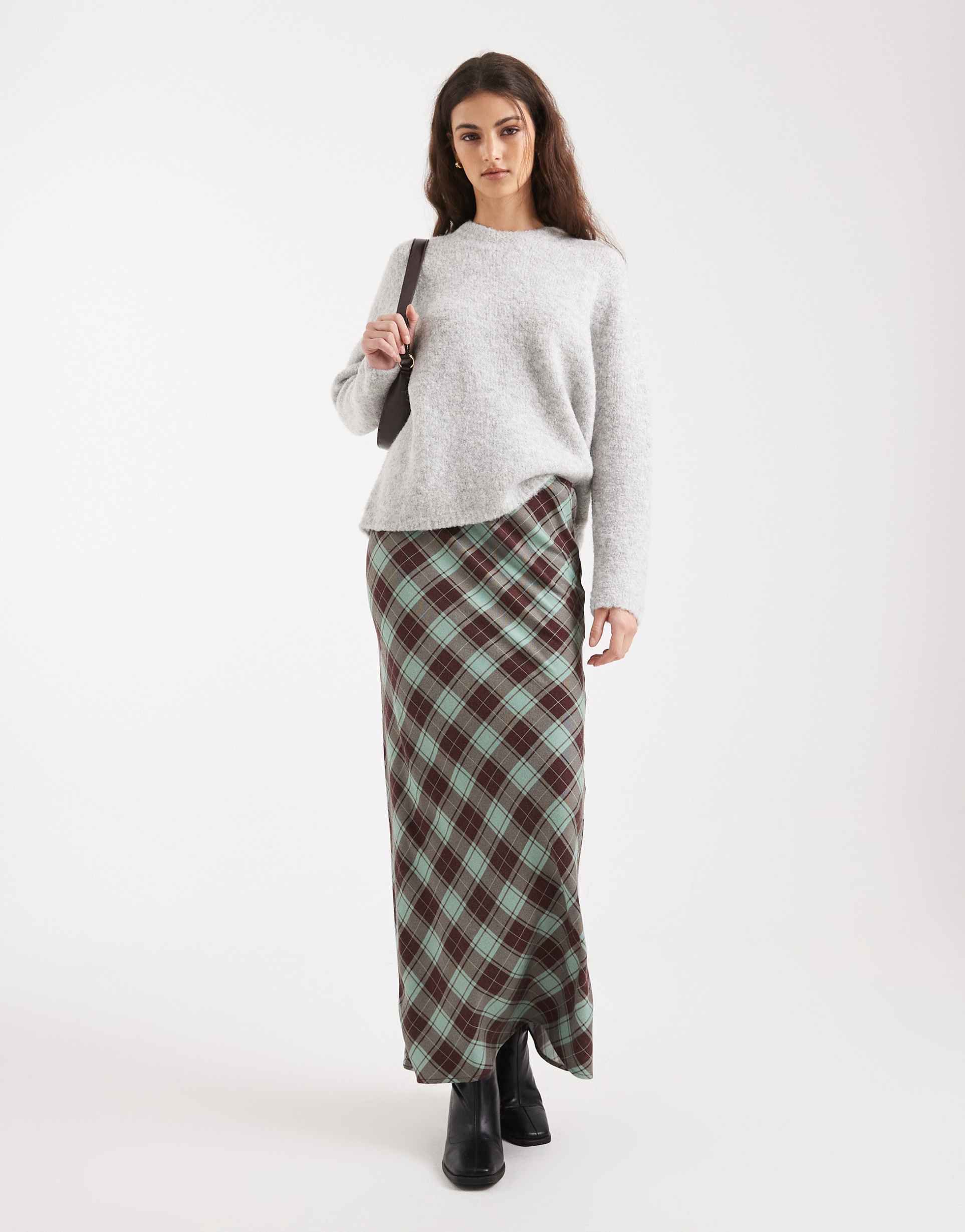 asos design bias cut maxi skirt in green brushed plaid