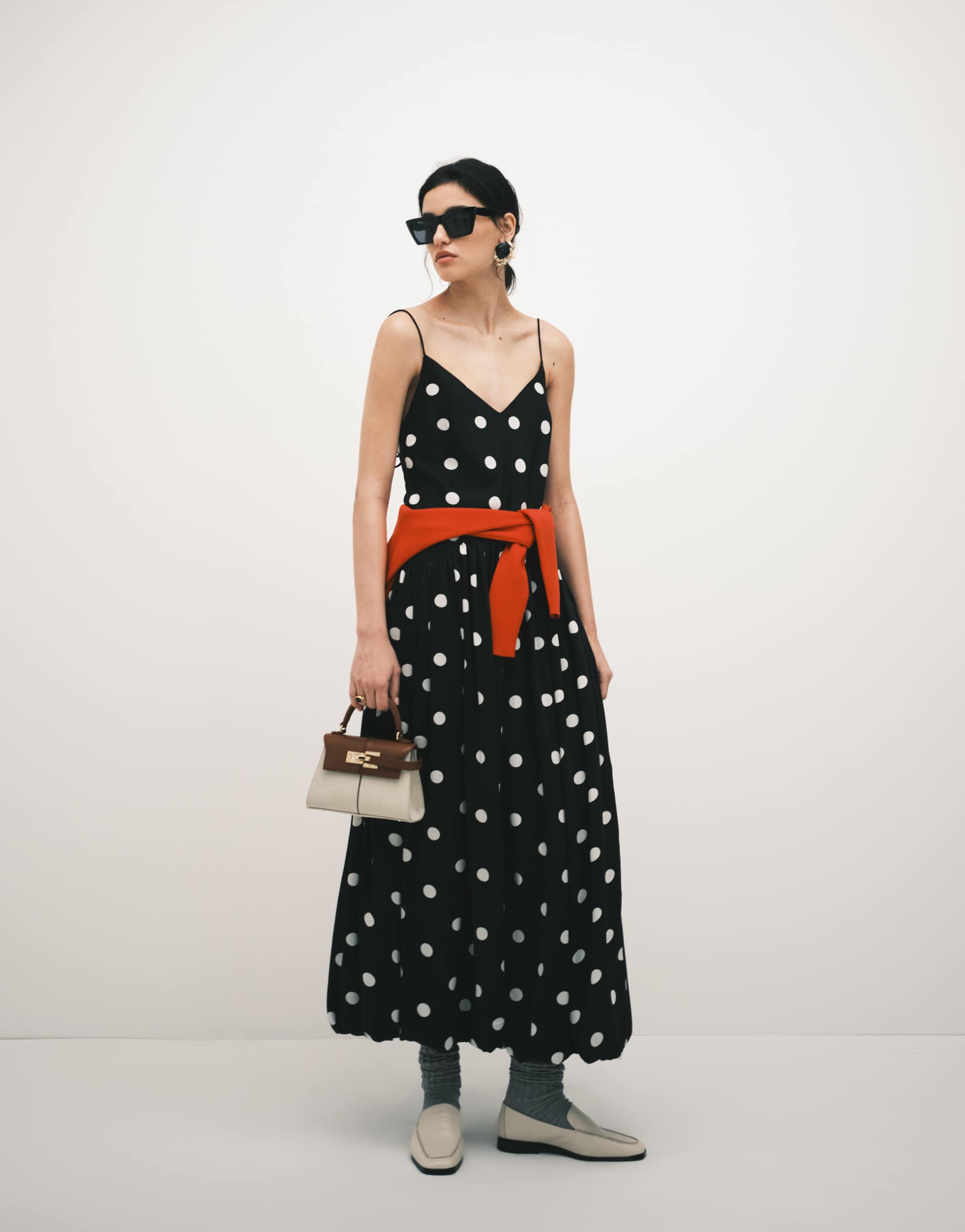asos design bias cut midaxi shift dress with bubble skirt in black and white polka dots
