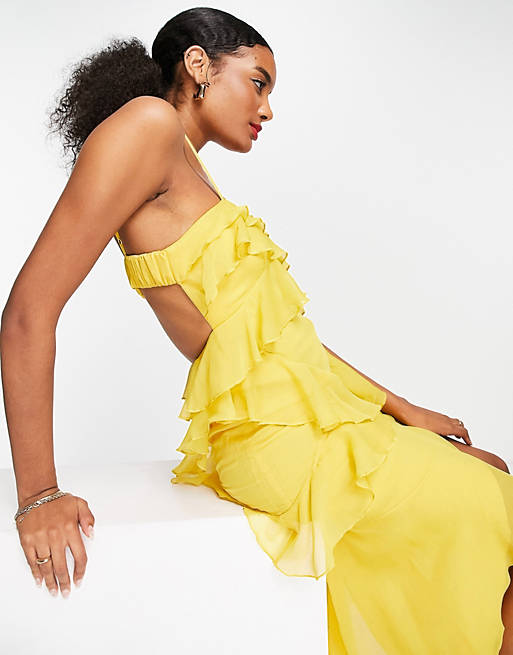 Dresses bias cut midi dress with ruched back detail in yellow 