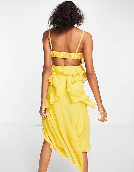 Dresses bias cut midi dress with ruched back detail in yellow 