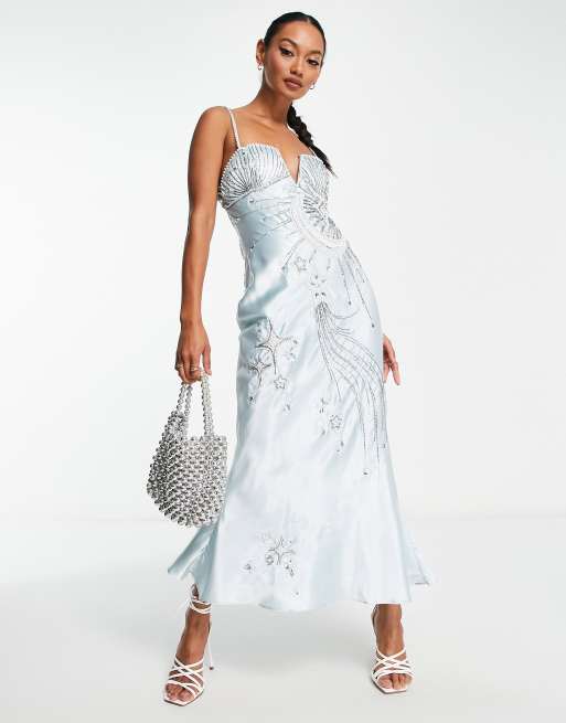 ASOS DESIGN bias cut midi satin dress with floral embellishment in ice blue