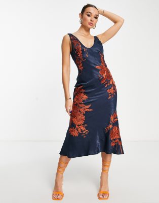 Asos Design Bias Cut Midi Slip Dress In Satin With Contrast Floral  Embroidery-navy