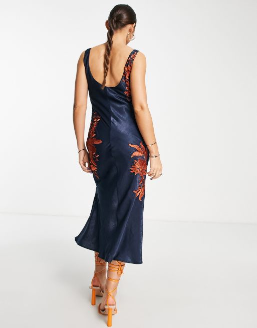 ASOS DESIGN bias cut midi slip dress in satin with contrast floral  embroidery