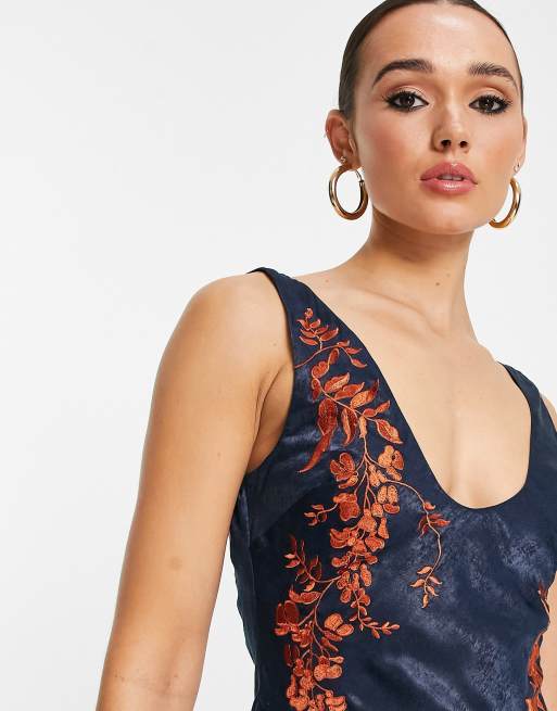 asos design bias cut midi satin dress with floral embellishment Asos Design Bias Cut Midi Satin Dress with Floral Embellishment in Ice Blue