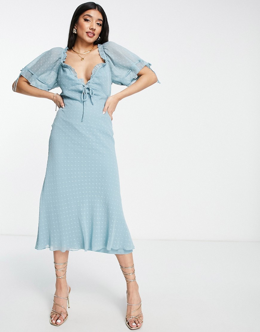 ASOS DESIGN bias cut midi tea dress in jacquard spot chiffon-Blue