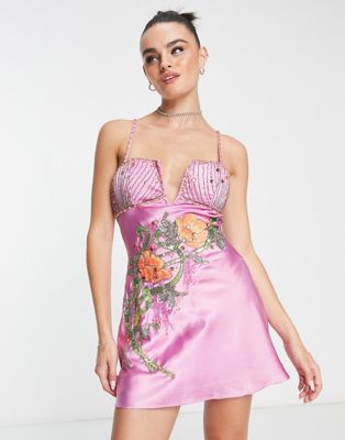 ASOS DESIGN bias cut mini satin dress with floral embellishment | ASOS