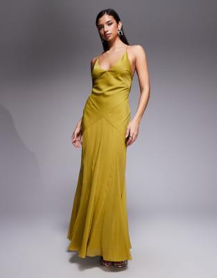 Asos Design Bias Cut Plunge Bodice Maxi Dress With Godets In Green
