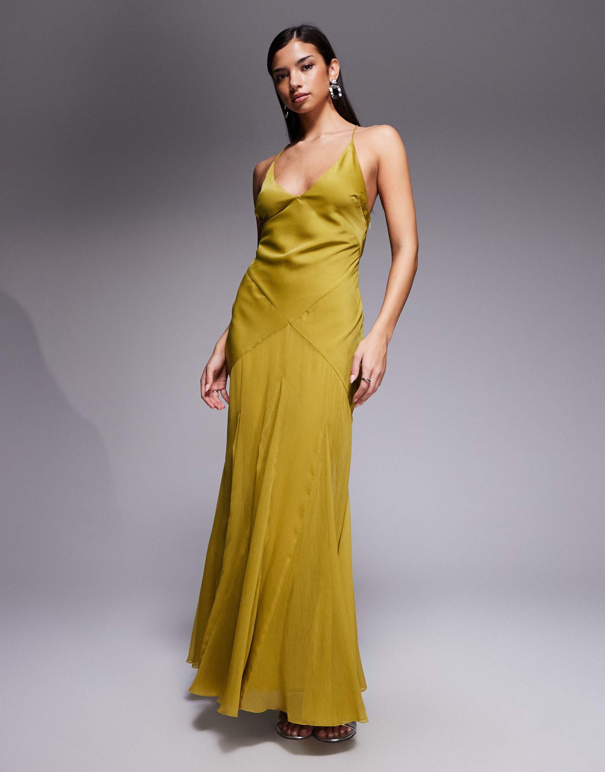 asos design bias cut plunge bodice maxi dress with godets in olive