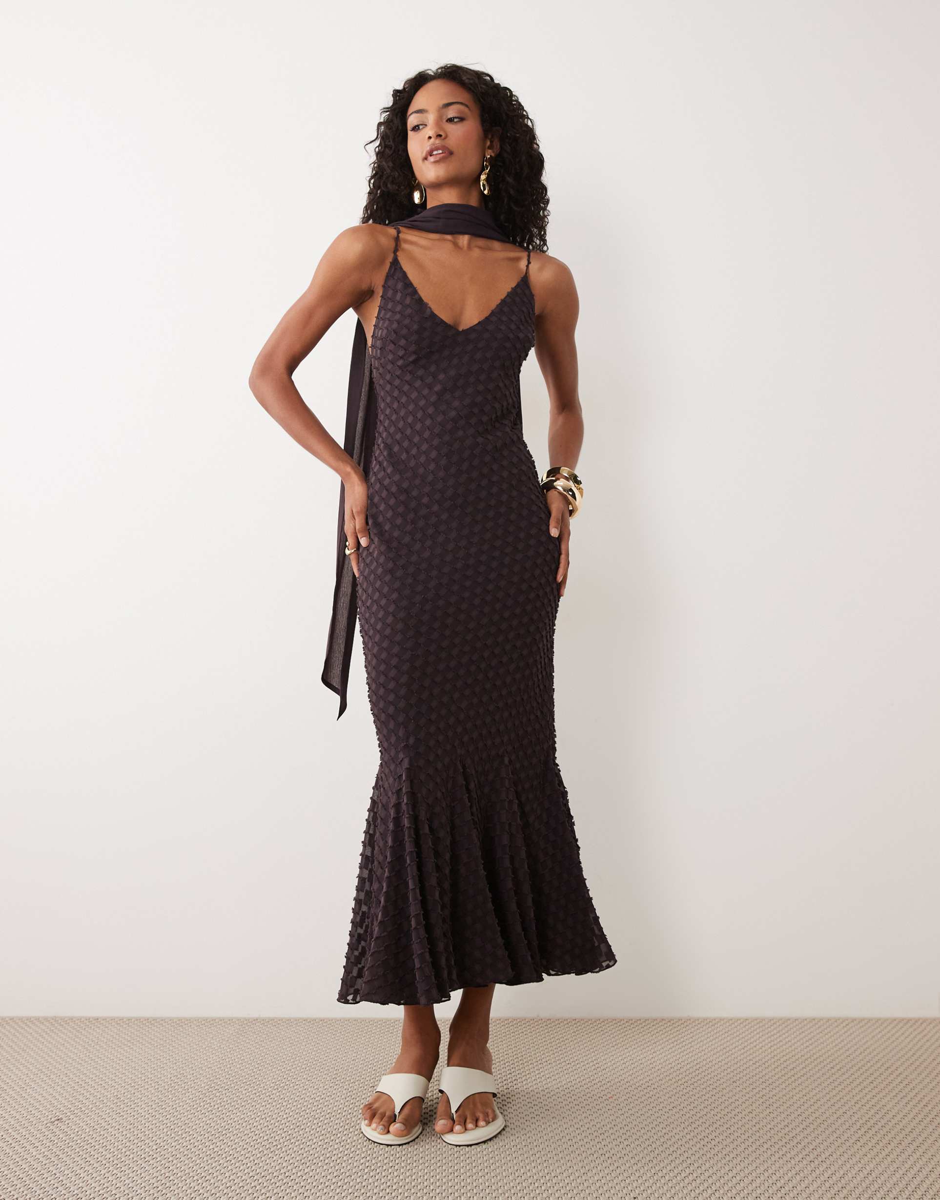 asos design bias cut plunge cami maxi dress with full godets and scarf detail in chocolate
