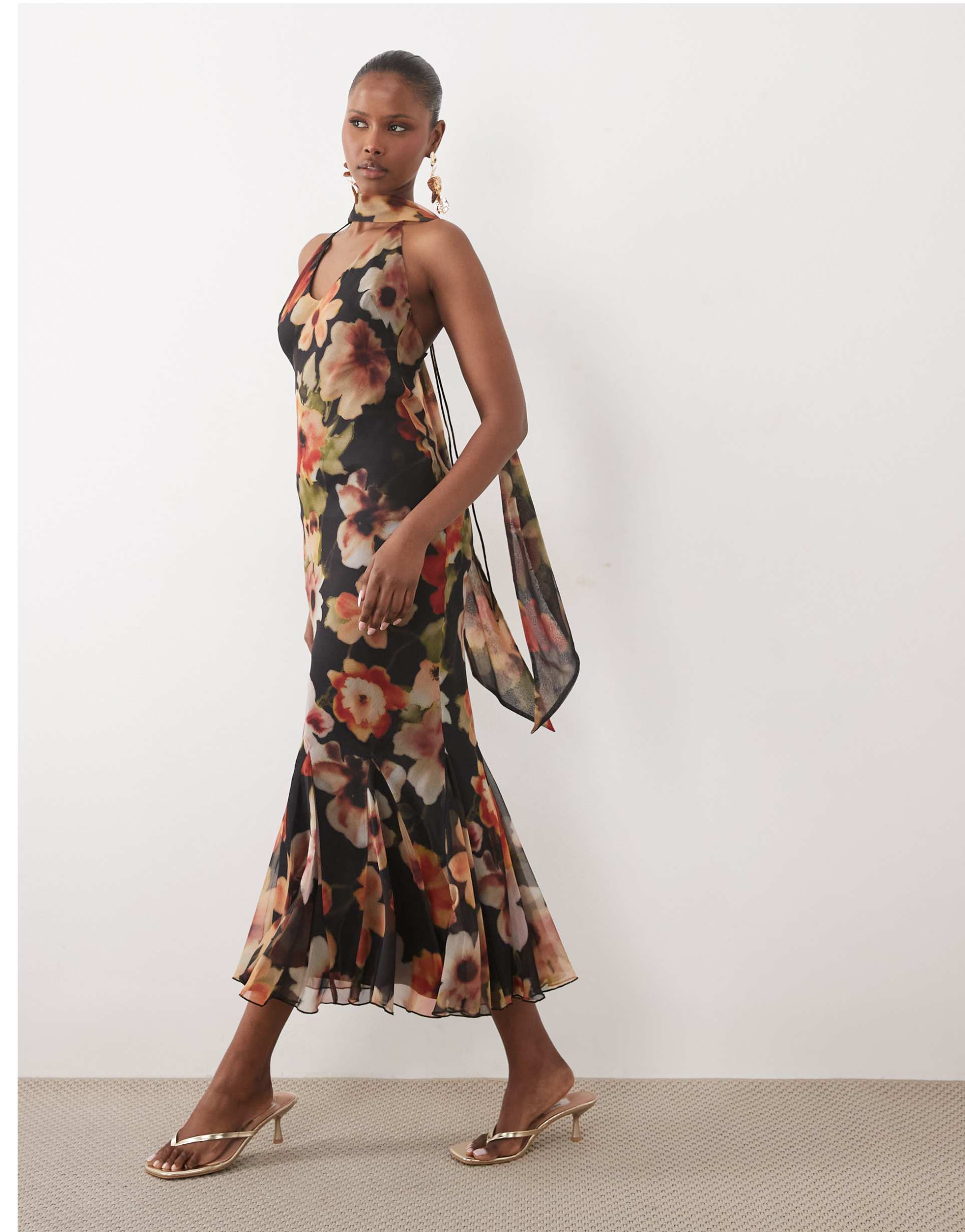 asos design bias cut plunge cami maxi dress with full godets and scarf detail in dark floral print