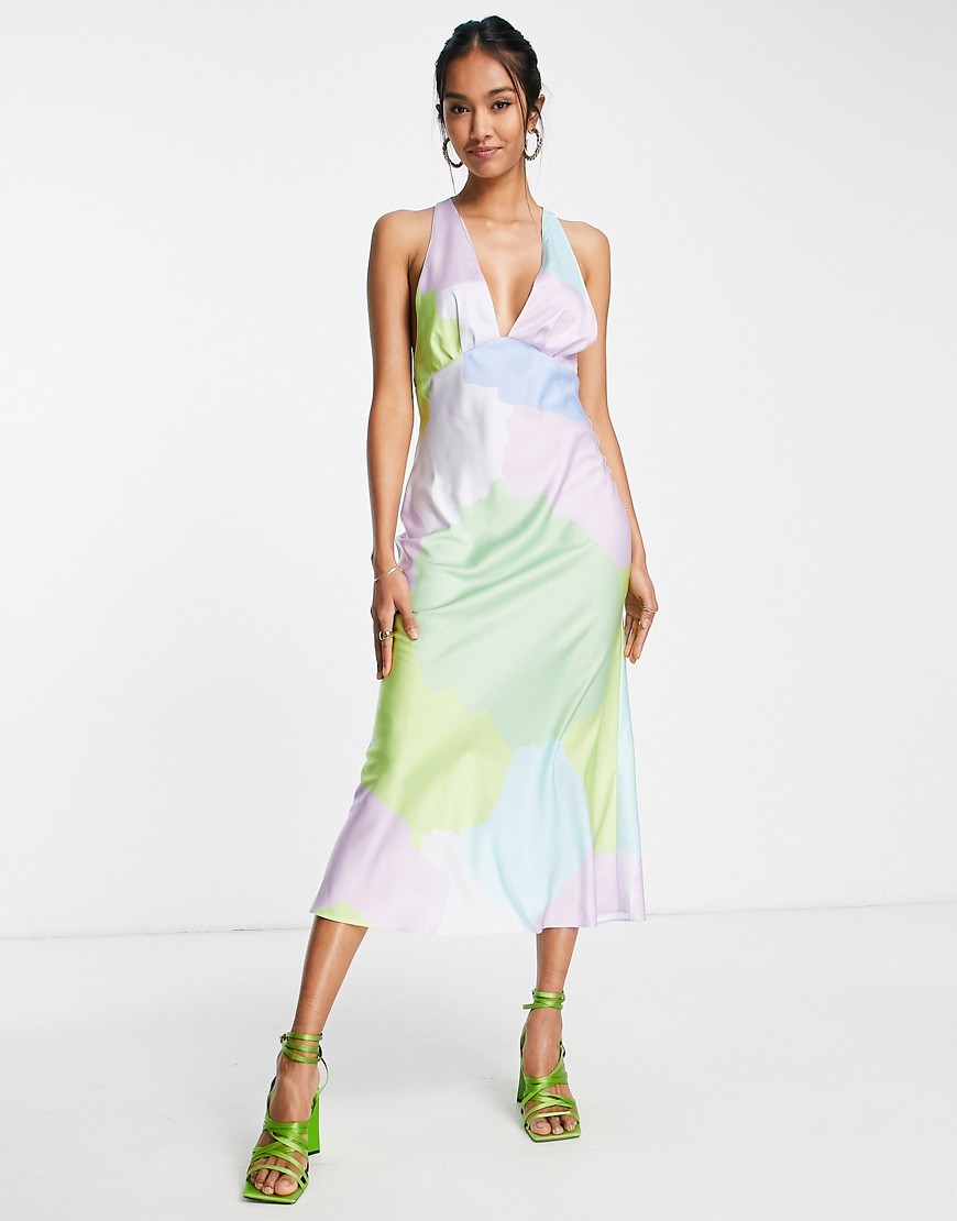 ASOS DESIGN bias cut plunge satin midi dress with racer back in abstract print-Multi