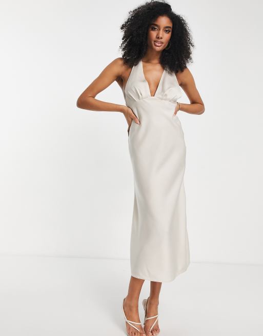 ASOS Halter Neck Full Midi Dress With Plunge in White