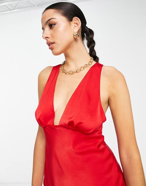 ASOS DESIGN deep plunge scrunch neck midi dress in red