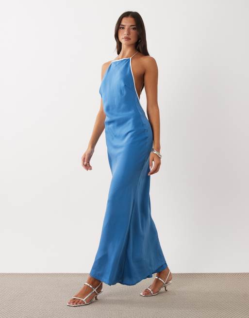 ASOS DESIGN bias cut racer maxi dress with low back in teal, 4 of 4