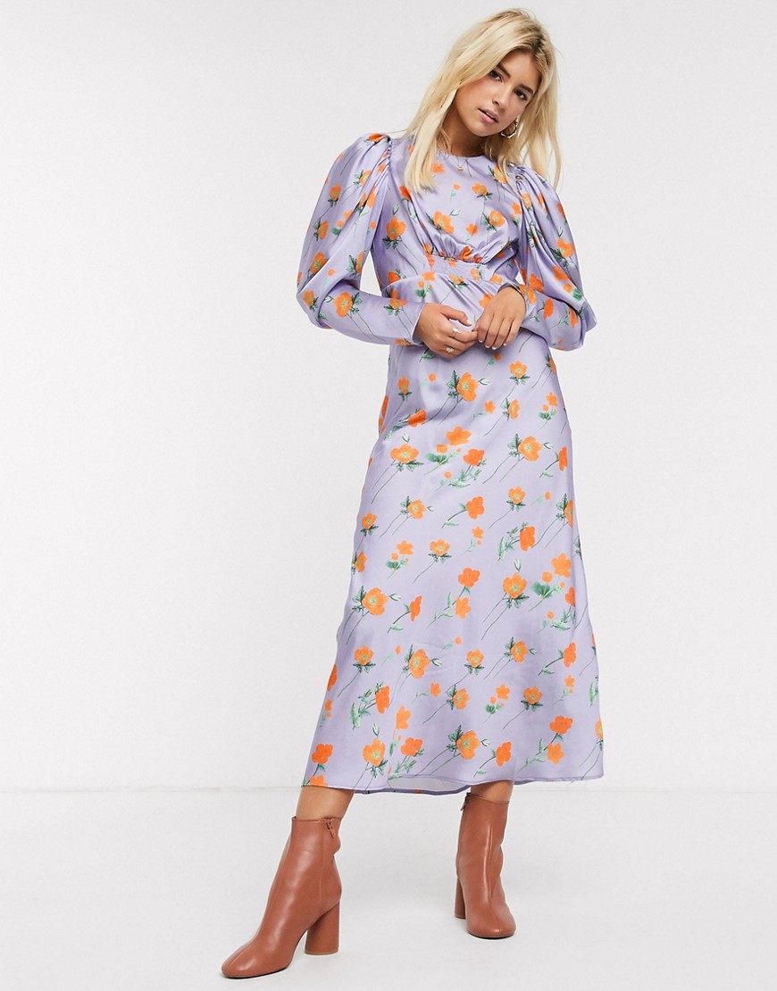 Asos Design Satin Maxi Dress With Puff Sleeves In Lilac Floral Print-multi