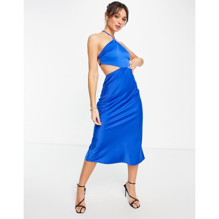 asos design bias cut midi satin dress with floral embellishment ASOS DESIGN embellished crochet cut out satin bias midi dress in  watercolour floral print