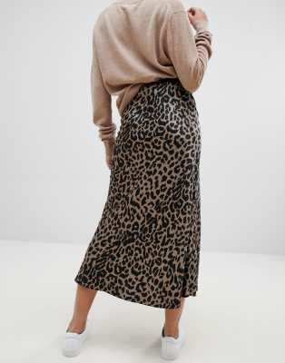 asos design bias cut satin midi skirt in leopard print