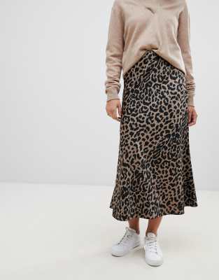 asos design bias cut satin midi skirt in leopard print