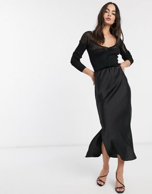 ASOS DESIGN bias cut satin midi skirt with splits in black | ASOS